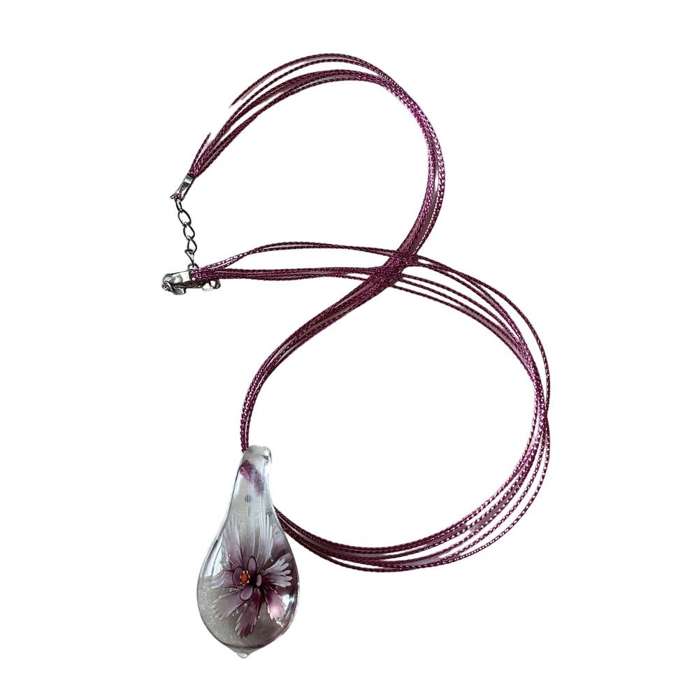 Blown Glass Teardrop Floral Pendant Necklace Pink Metallic‎ Cord